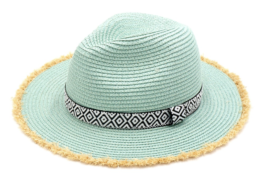 STRAW Panama hat W/FRAYED EDGES B/W AZTEC BAND