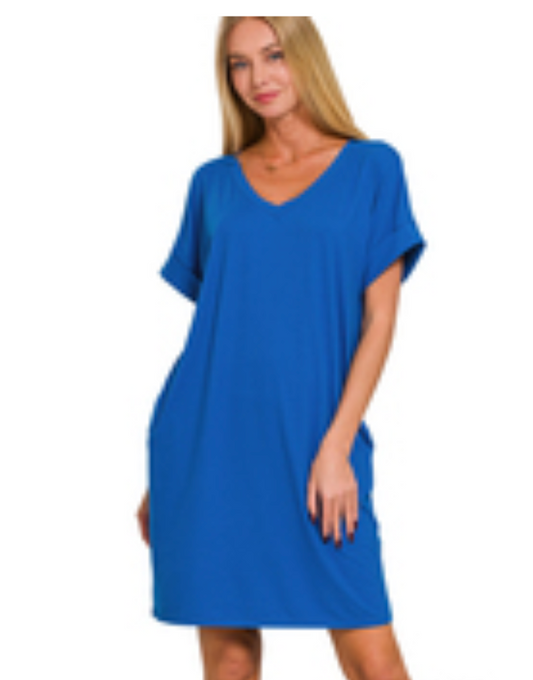 ROLLED S/SLV V-NK DRESS