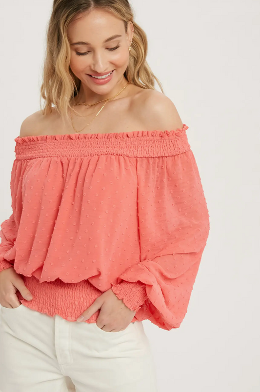 SMOCKING OFF THE SHOULDER BLOUSE