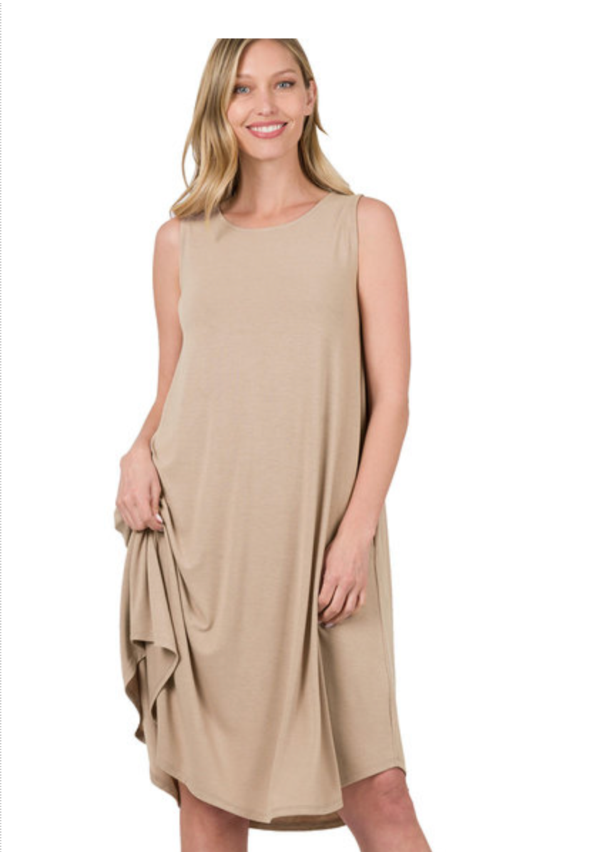 SLVLSS RD NK/HEM MIDI DRESS
