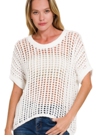 FISH NET SHORT SLEEVE CROCHET SWEATER