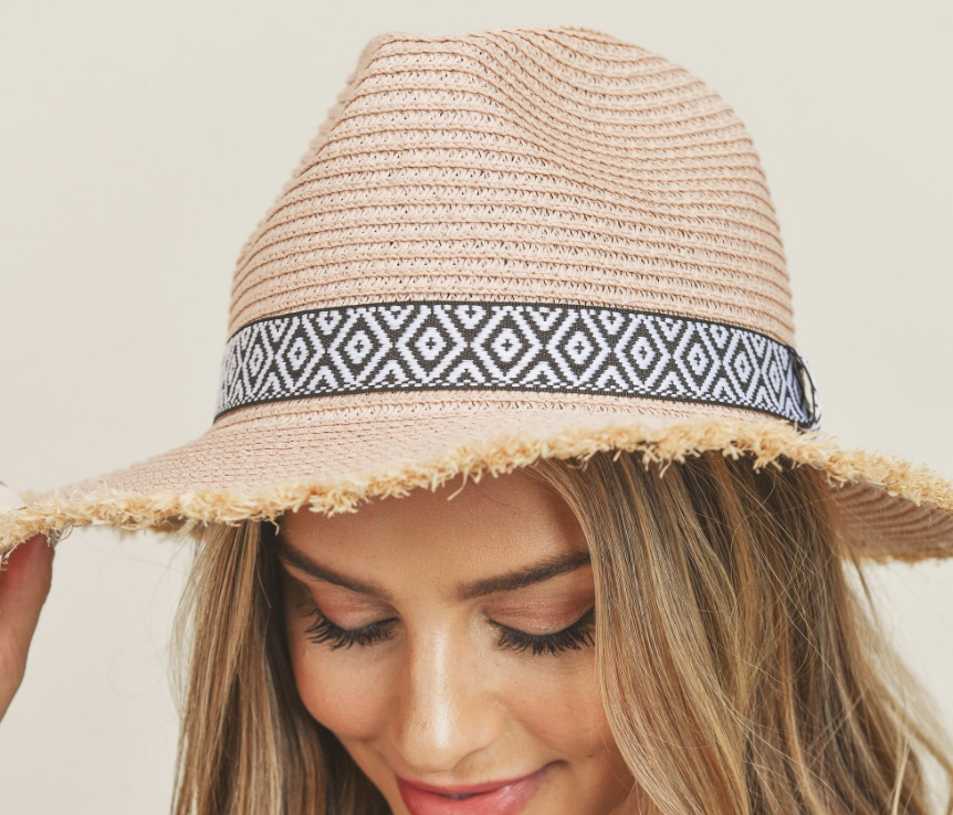 STRAW Panama hat W/FRAYED EDGES B/W AZTEC BAND
