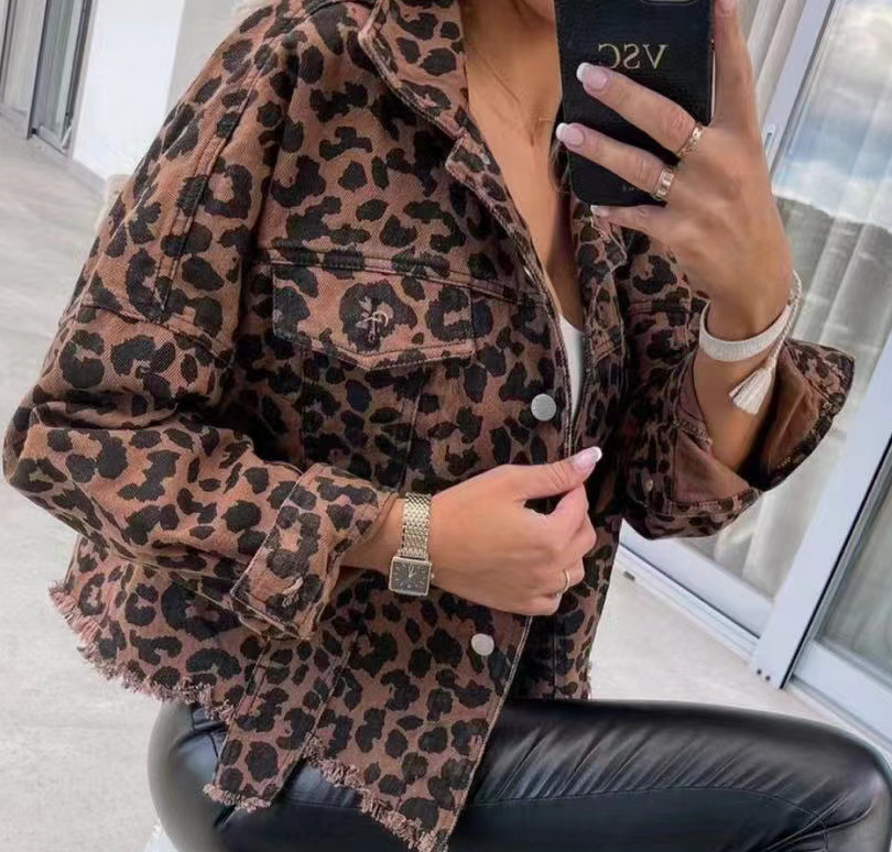 LEOPARD FRAYED DENIM JACKET