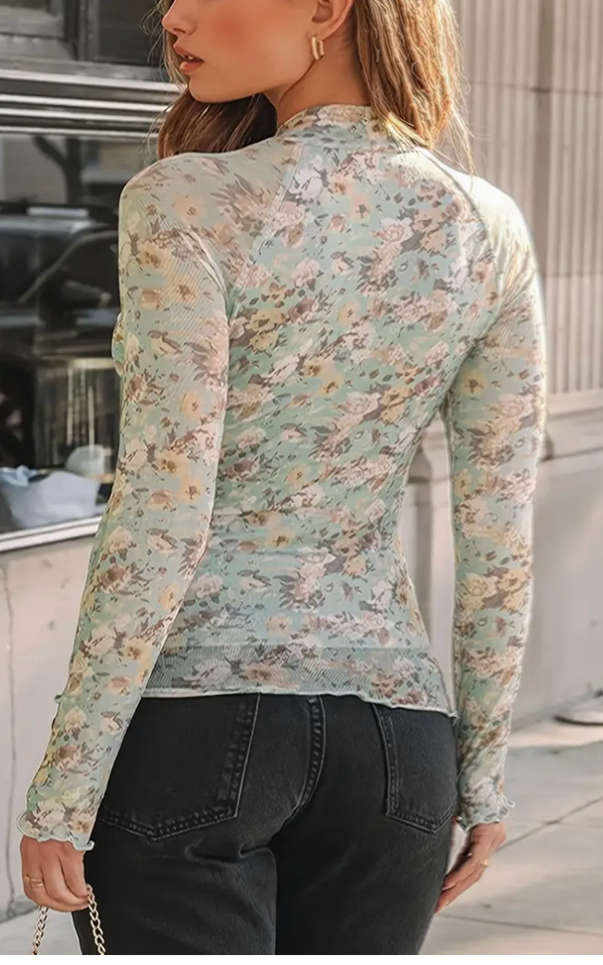 FLORAL MESH L/SLV TOP