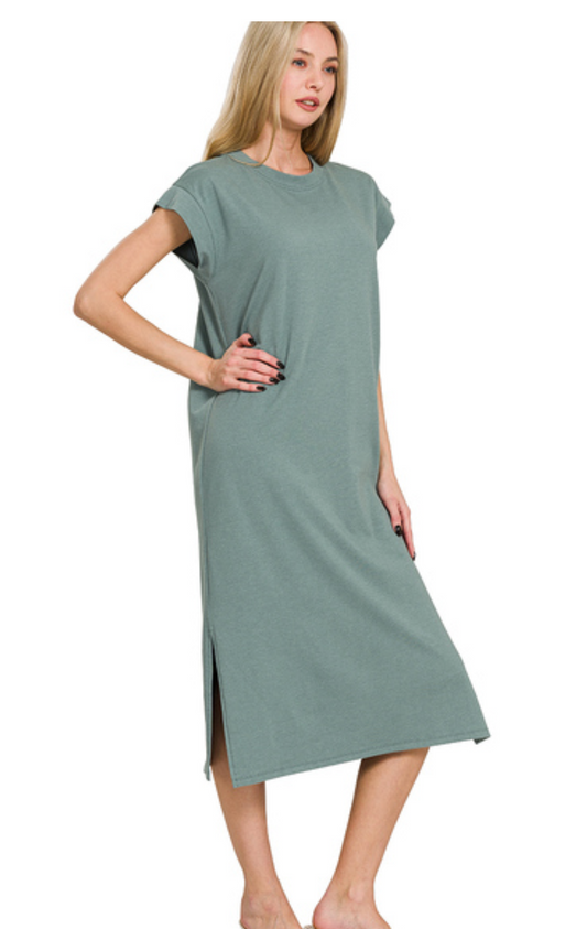RD NECK S/SLV MIDI DRESS