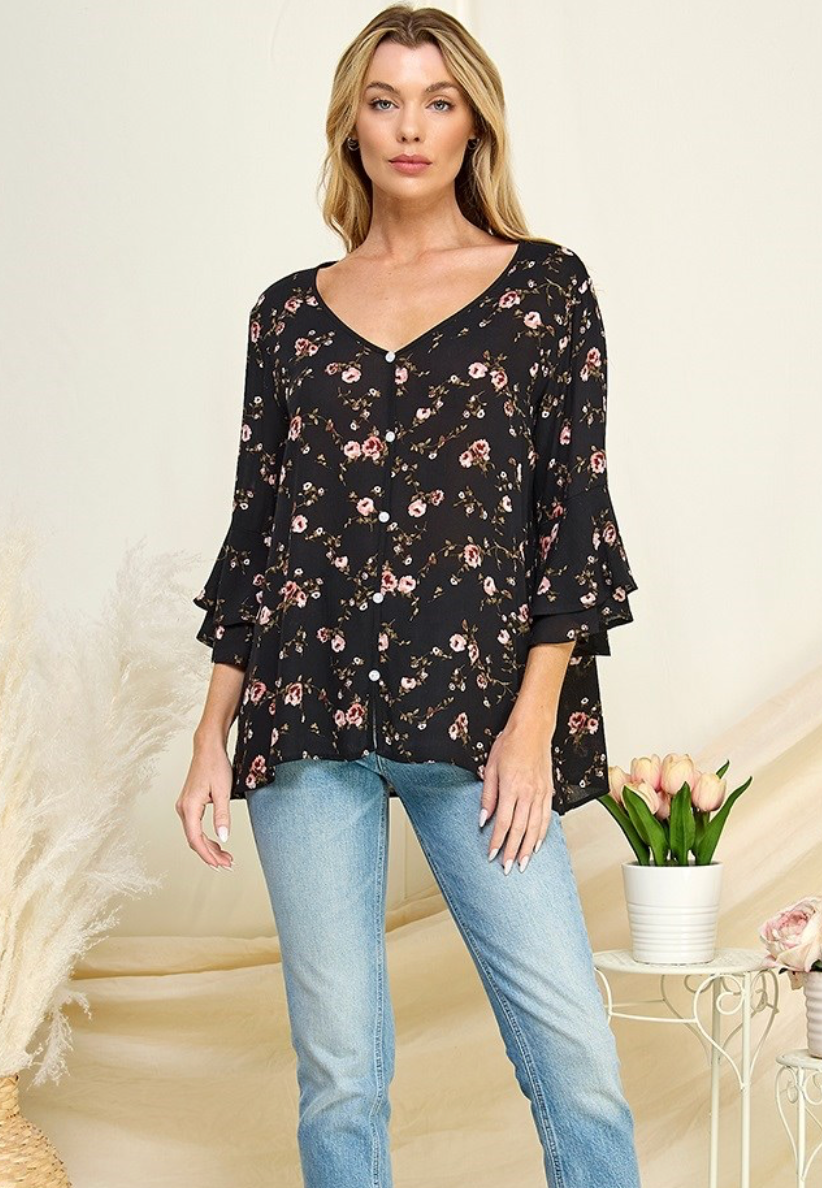 FLORAL RUFFLE SLEEVE TOP