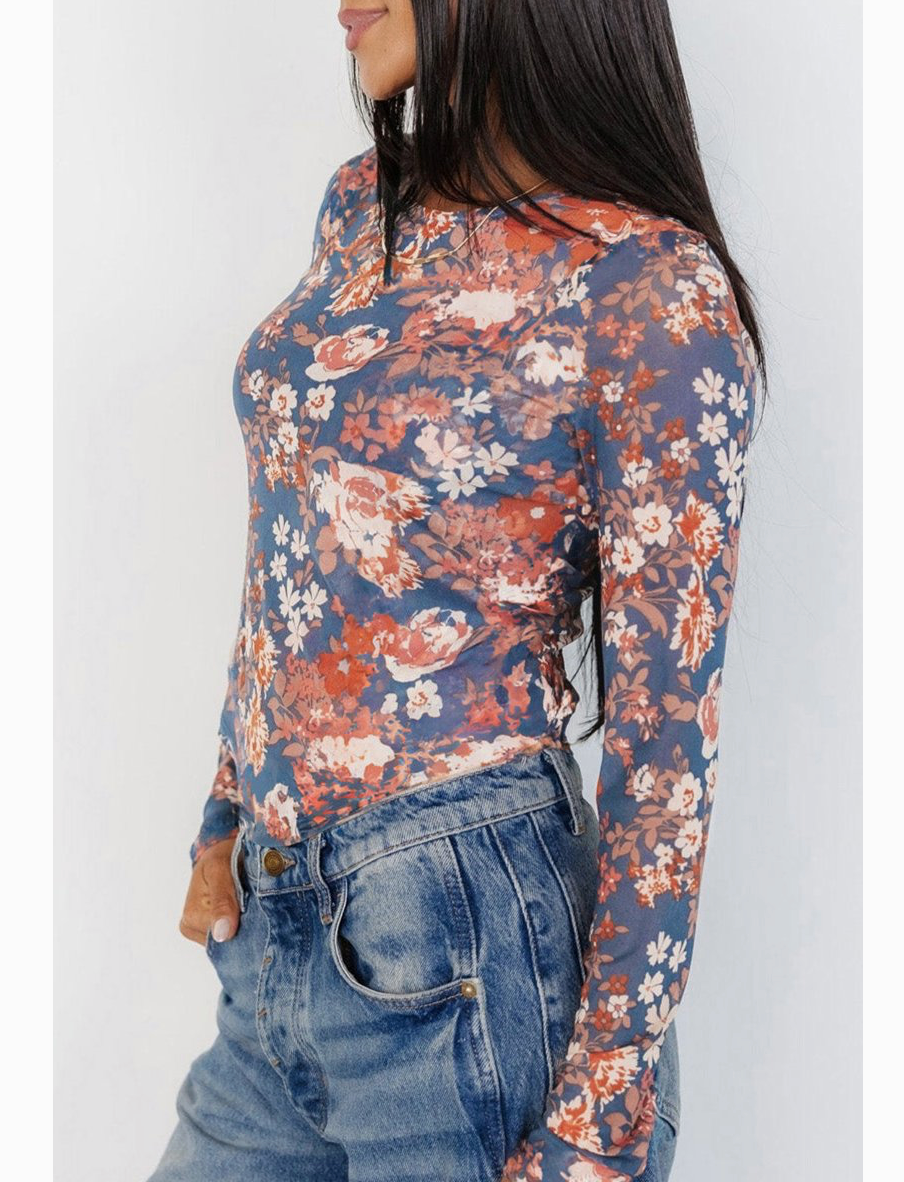 FLORAL MESH L/SLV TOP