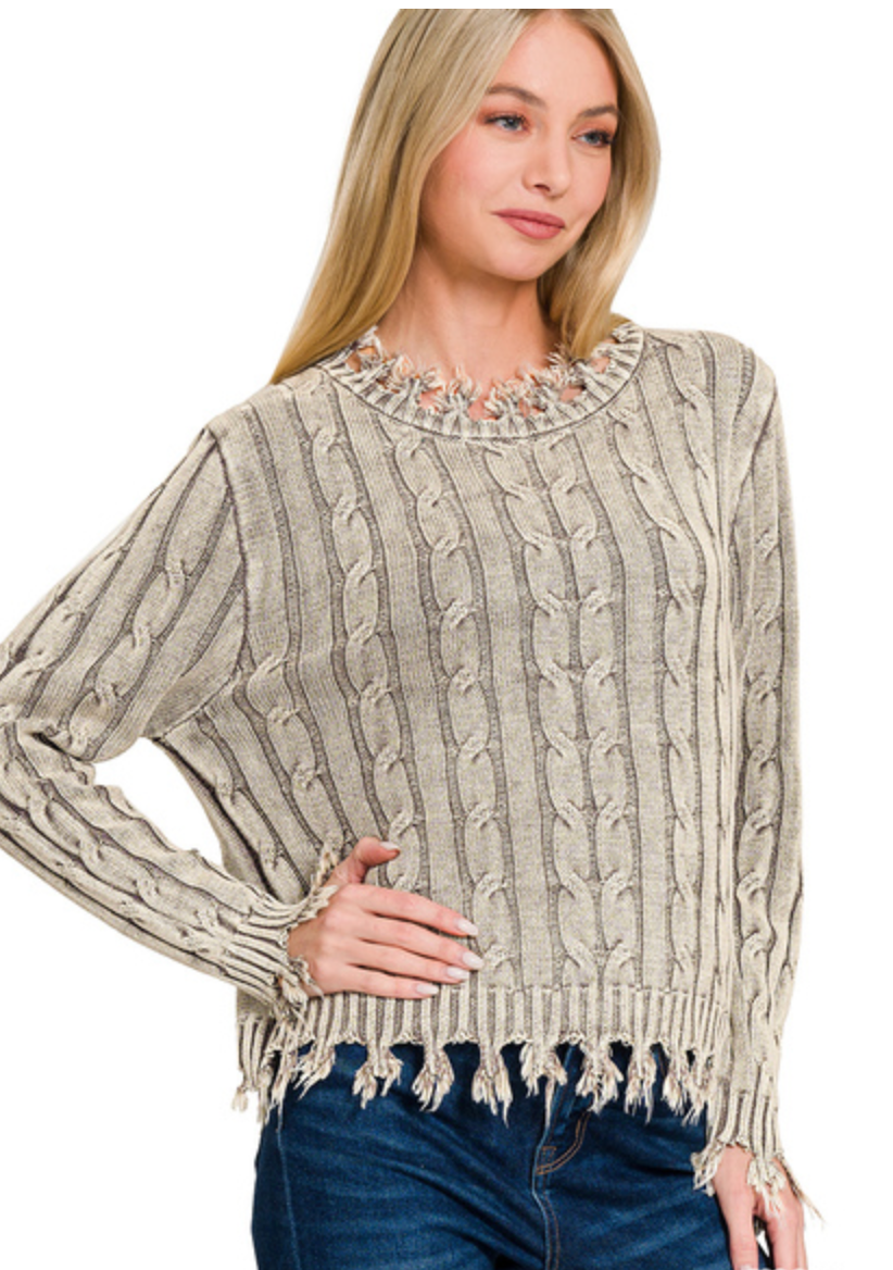 CABLE KNIT FRINGE SWEATER