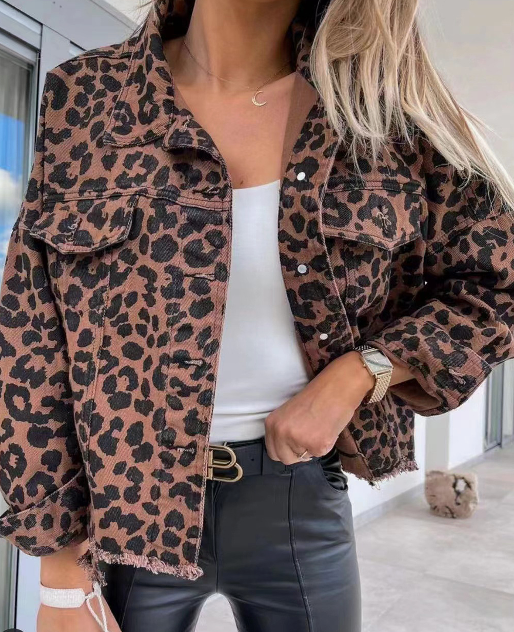 LEOPARD FRAYED DENIM JACKET