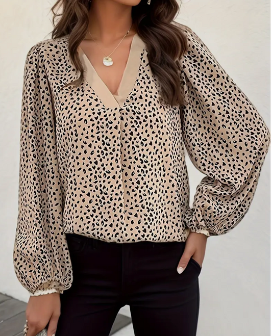 LEOPARD L/SLV VNECK BLOUSE