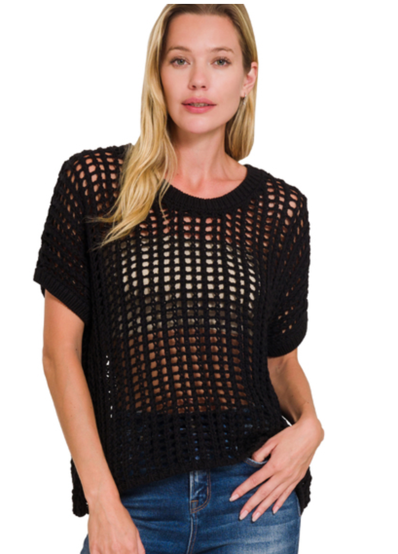 FISH NET SHORT SLEEVE CROCHET SWEATER
