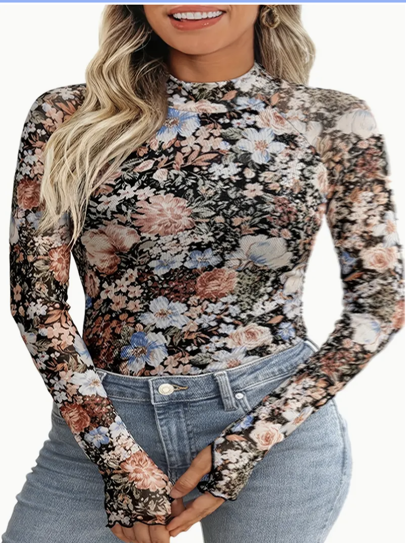 FLORAL MESH L/SLV TOP