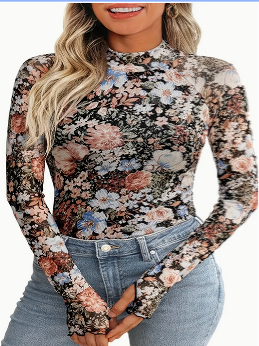 FLORAL MESH L/SLV TOP