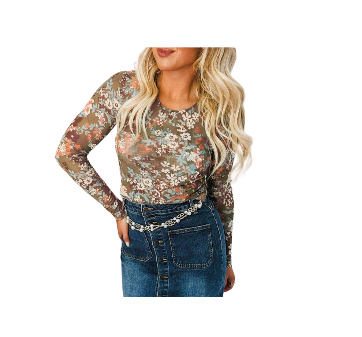 FLORAL MESH L/SLV TOP