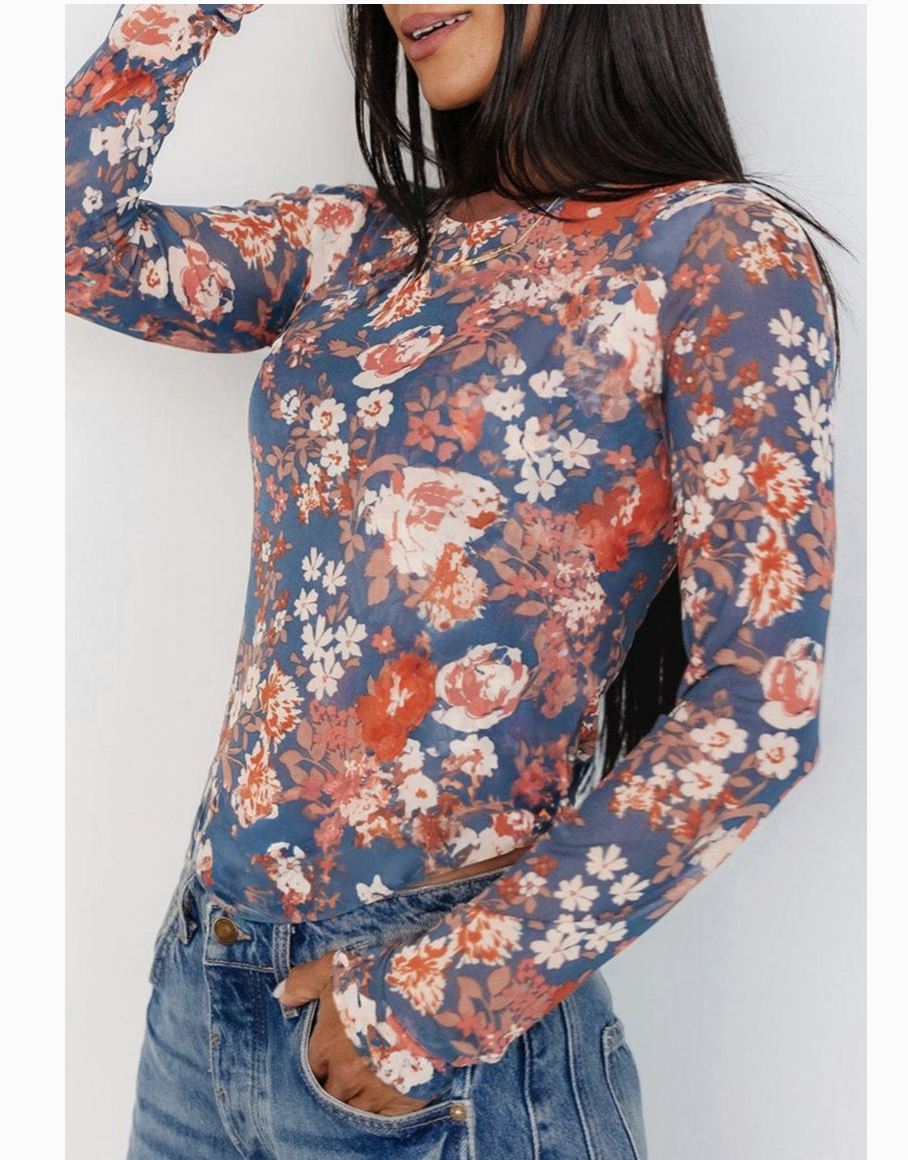 FLORAL MESH L/SLV TOP