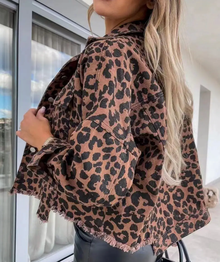 LEOPARD FRAYED DENIM JACKET
