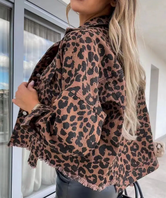 LEOPARD FRAYED DENIM JACKET