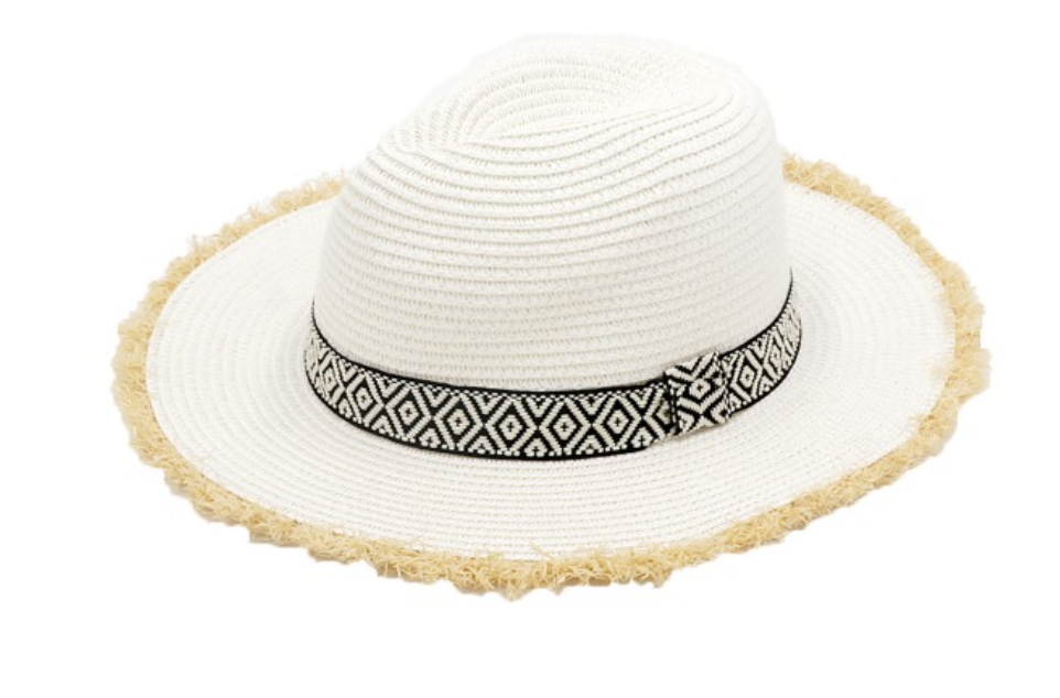 STRAW Panama hat W/FRAYED EDGES B/W AZTEC BAND