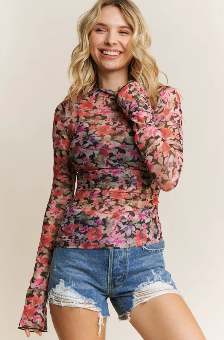 FLORAL MESH FITTED L/SLV