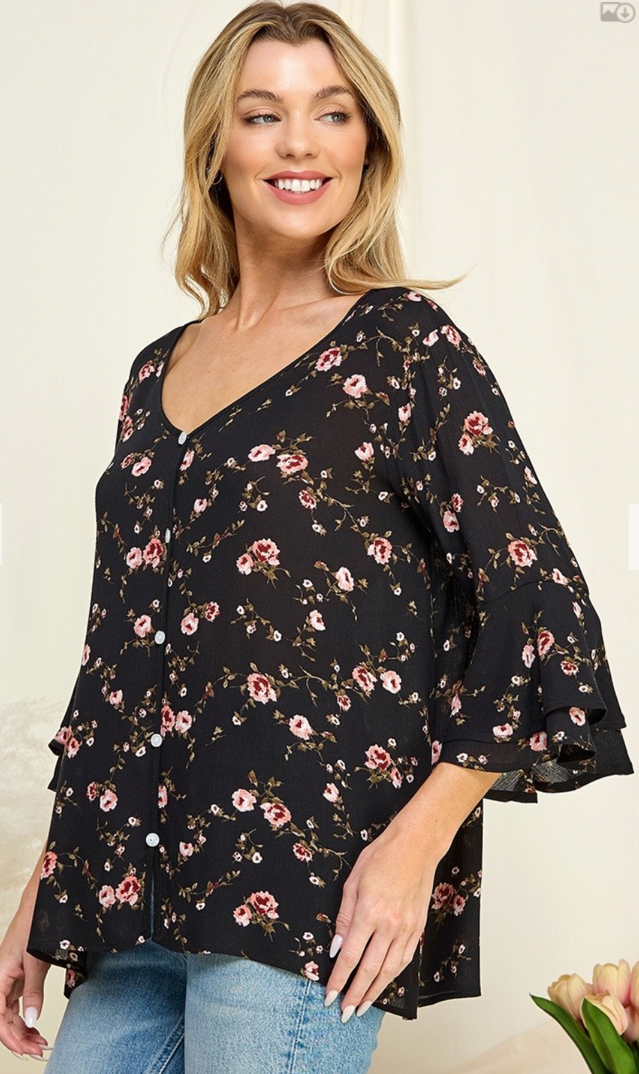 FLORAL RUFFLE SLEEVE TOP
