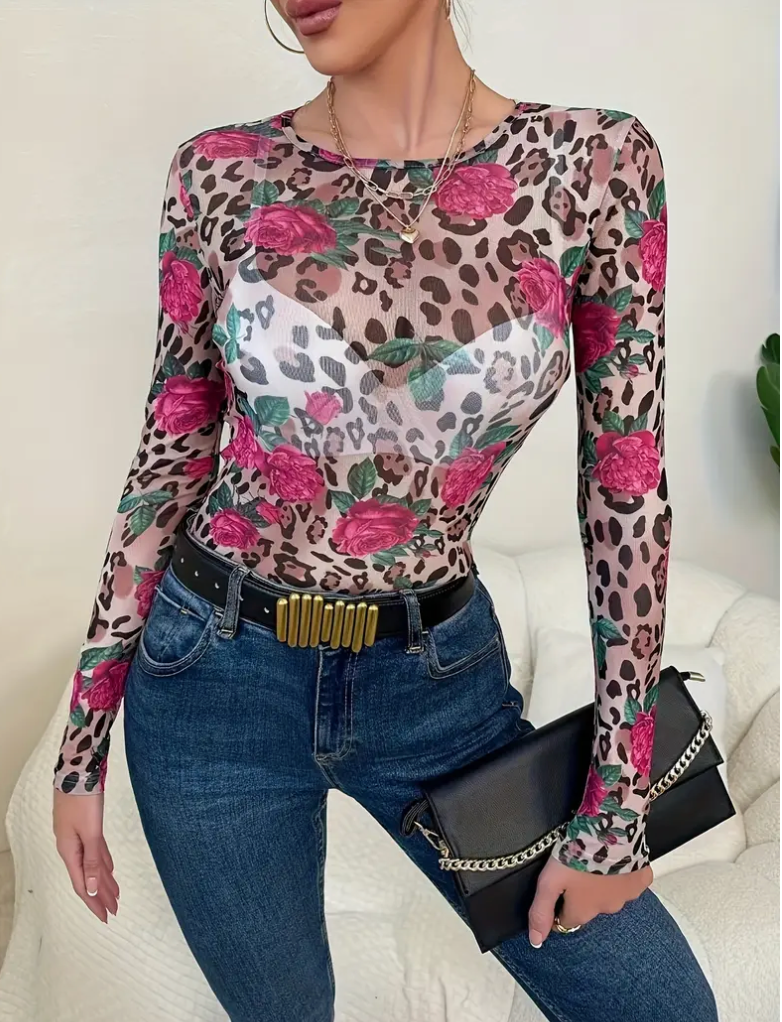 FLORAL LEOPARD MESH TOP