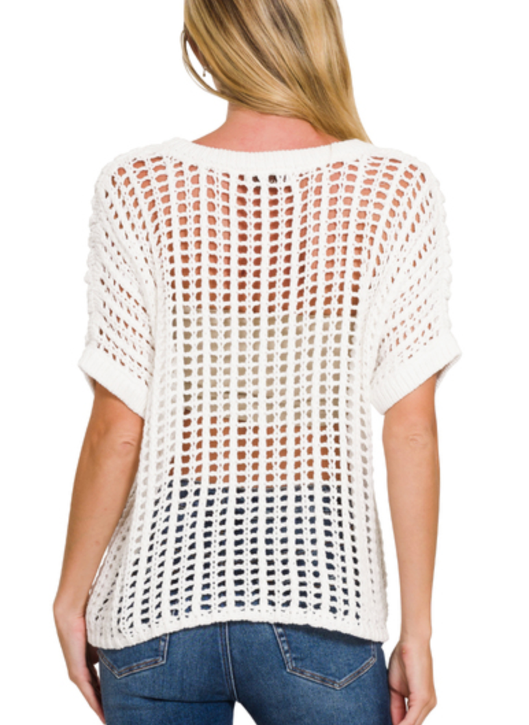 FISH NET SHORT SLEEVE CROCHET SWEATER