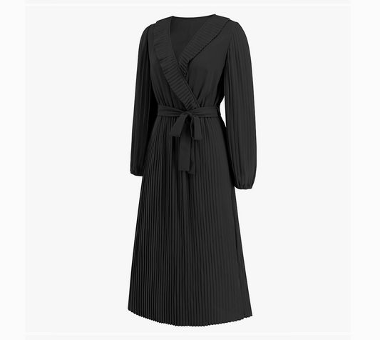 PLEATED BOW TIE VNECK DRESS