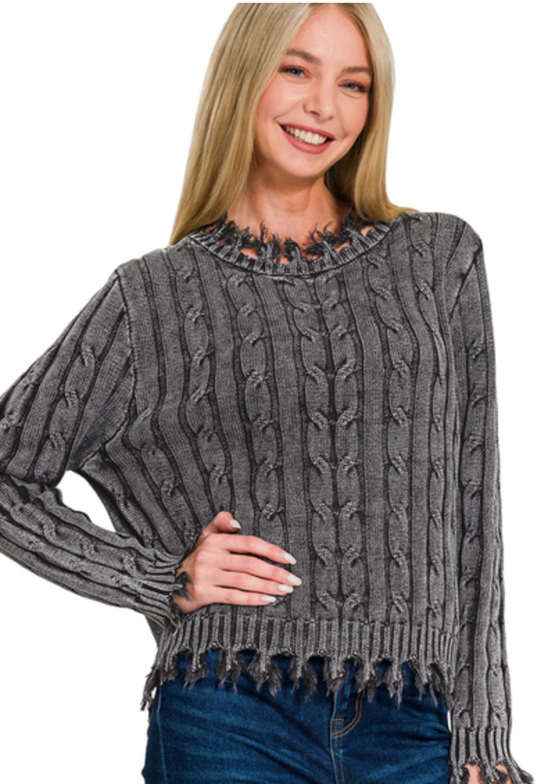 CABLE KNIT FRINGE SWEATER