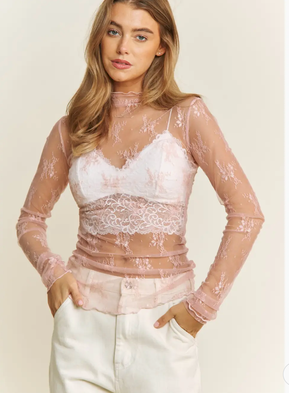 LACE MESH L/SLV TOP