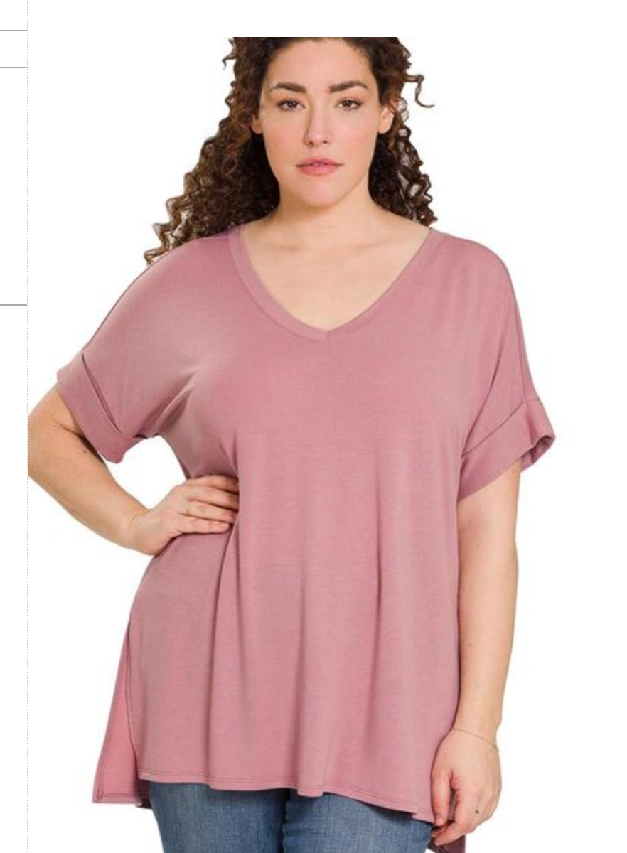 ROLLED SLV V-NECKHI-LO HEM