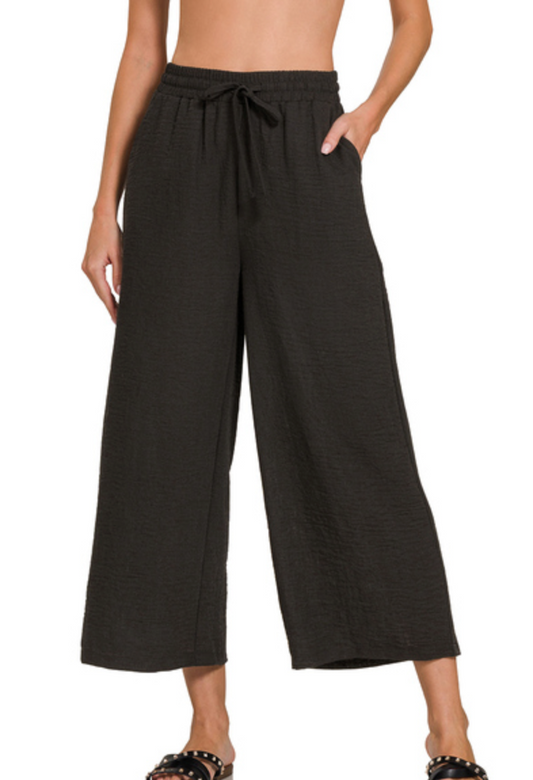 WOVEN CREPE ELASTIC WAIST CROP PANT