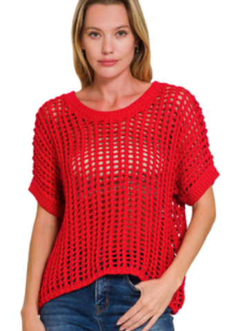 FISH NET SHORT SLEEVE CROCHET SWEATER