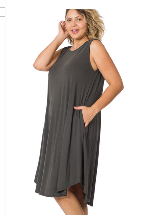 SLVLSS RD NK/HEM MIDI DRESS