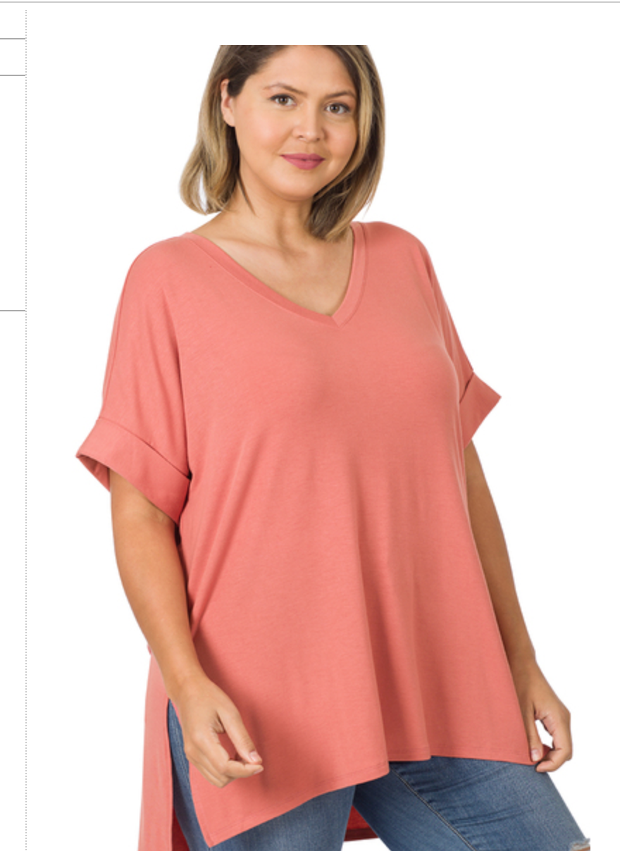 ROLLED SLV V-NECKHI-LO HEM