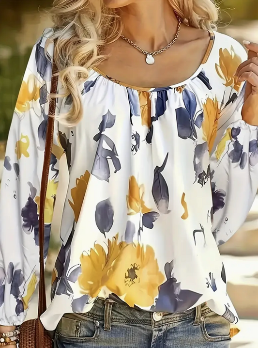 FLORAL SCOOPNK L/SLV BLOUSE