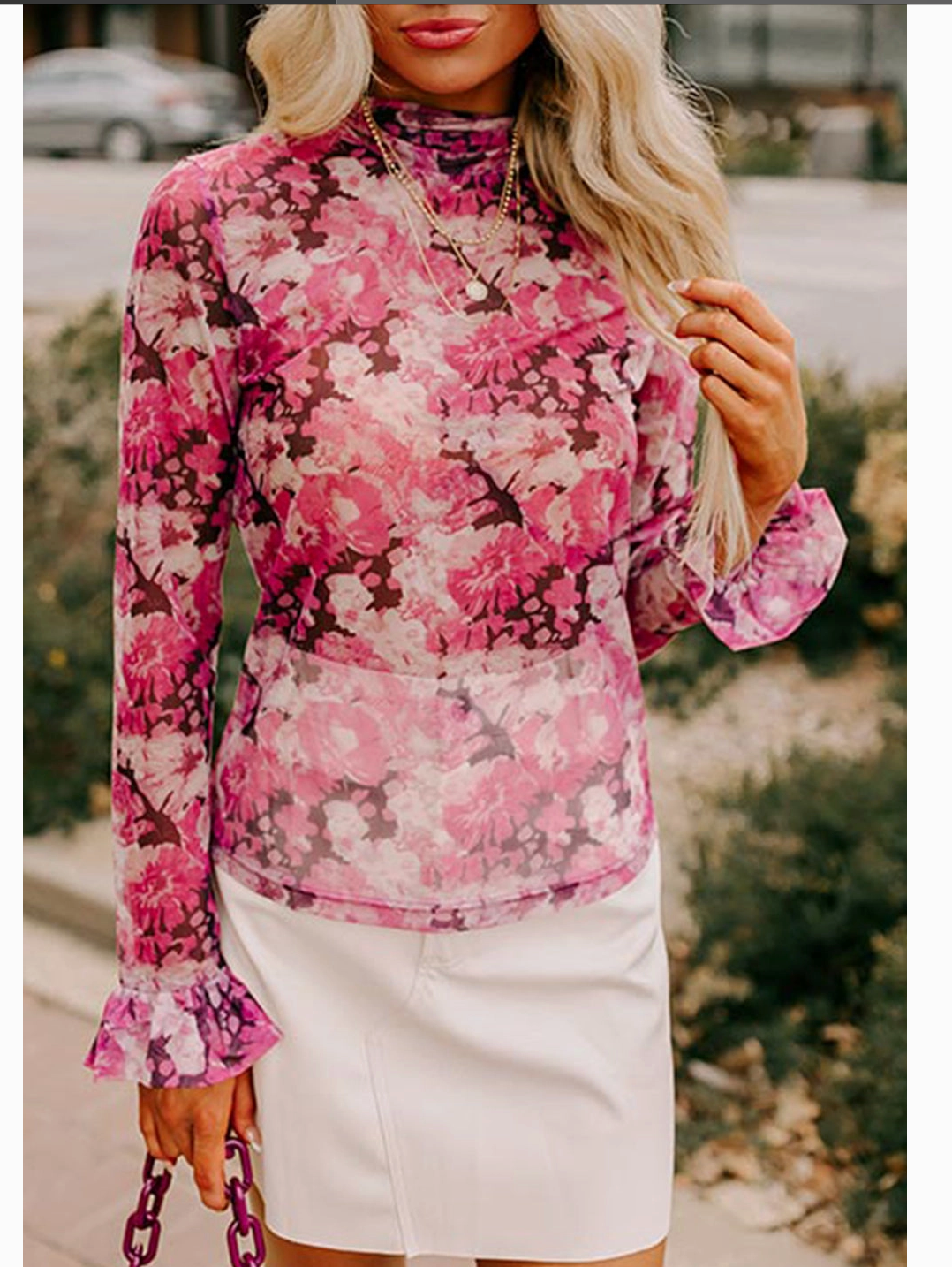 FLORAL MESH MOCKNECK TOP