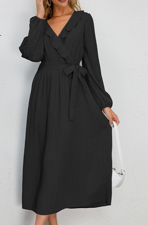 PLEATED BOW TIE VNECK DRESS