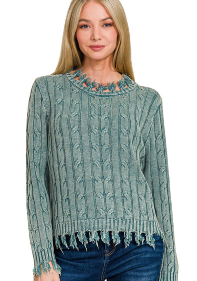 CABLE KNIT FRINGE SWEATER