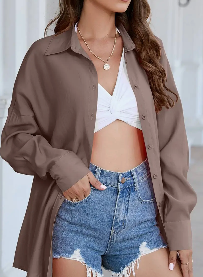 TENCEL BUTTON UP L/SLV TOP