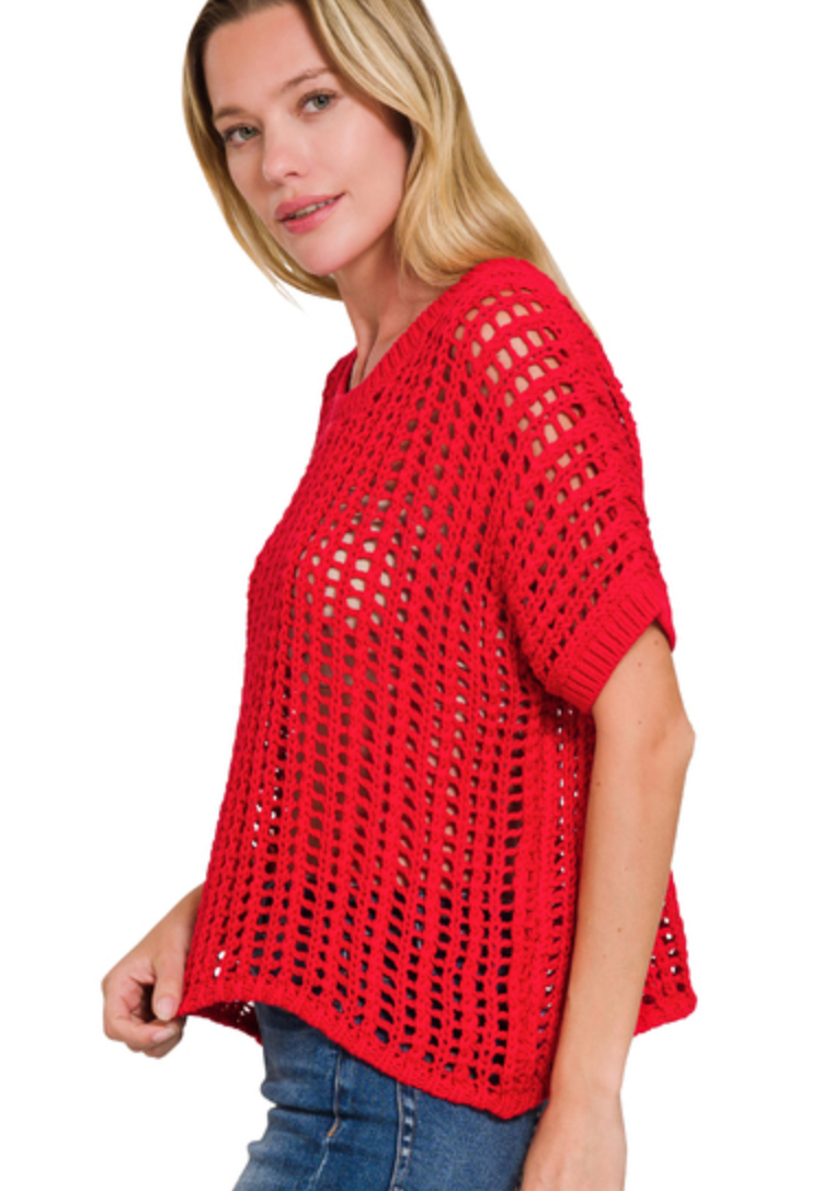 FISH NET SHORT SLEEVE CROCHET SWEATER
