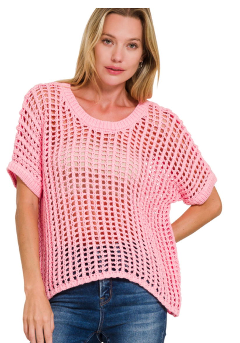 FISH NET SHORT SLEEVE CROCHET SWEATER