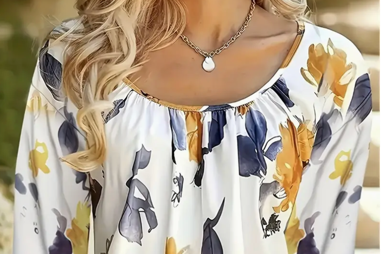 FLORAL SCOOPNK L/SLV BLOUSE