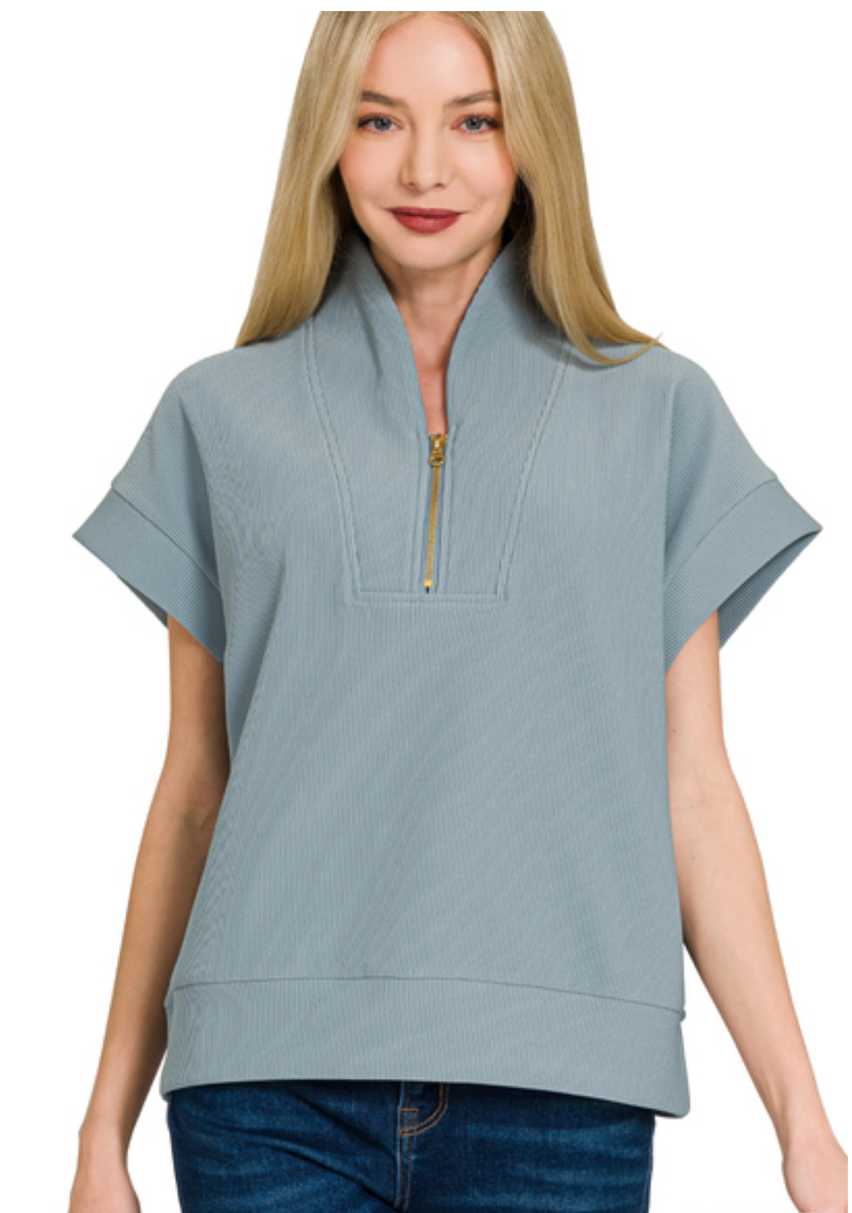 RIBBED HIGHNK HALF ZIP TOP