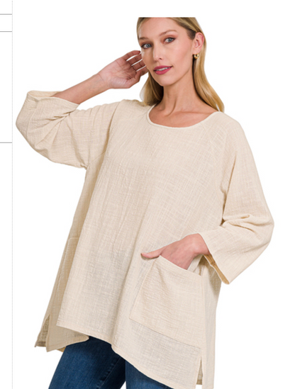 GAUZE HI-LOW L/S TOP