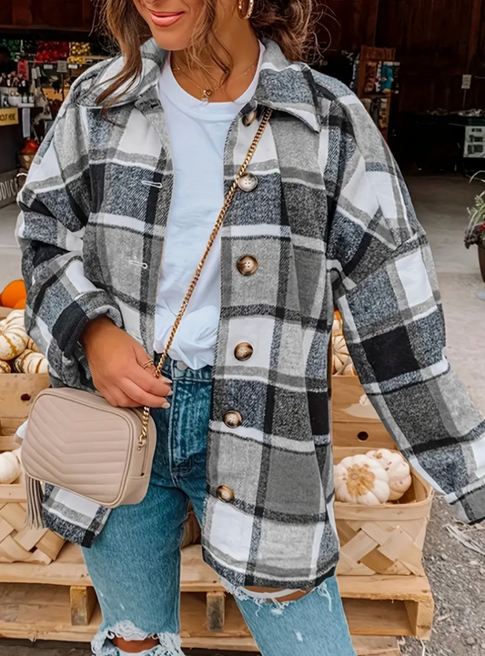 PLAID SHACKET LAPEL COLLAR