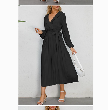 PLEATED BOW TIE VNECK DRESS