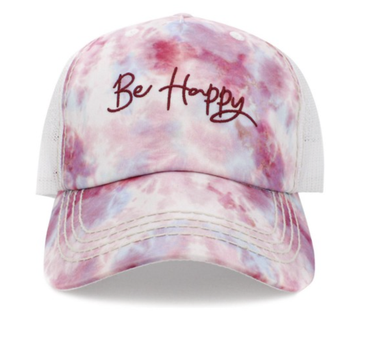 BE HAPPY EMBROIDERED VINTAGE TIEDYE CAP