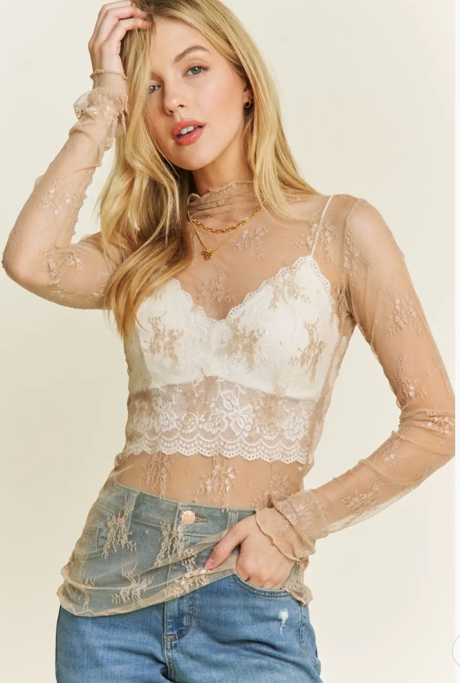LACE MESH L/SLV TOP