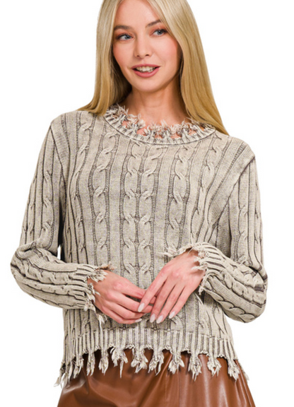 CABLE KNIT FRINGE SWEATER