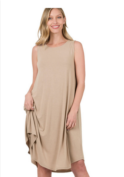 SLVLSS RD NK/HEM MIDI DRESS